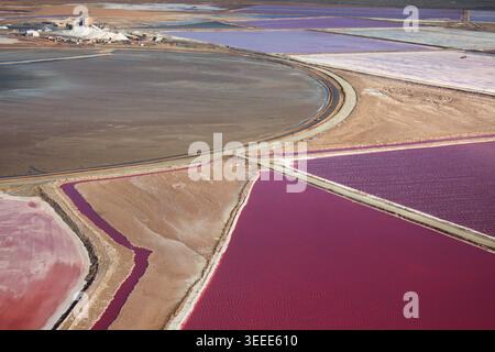 Aus der Vogelperspektive der farbenfrohen rosafarbenen und magentafarbenen Verdunstungsteiche der Walvis Bay Salt Works, einer großen Anlage zur Meersalzproduktion in Walvis Bay, Namibia. Stockfoto