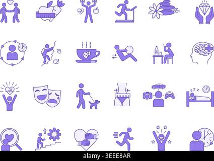 Farbige Lifestyle-Symbole. Vektor-Icons der Ernährung, Bewegung, gesunder Lebensstil, Entspannung, ungesunder Lebensstil, Luxus Lifestyle, Gewichtsverlust, Hab Stock Vektor