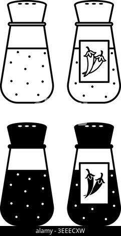 Symbole Für Gewürze. Schwarzweiß-Vektor-Illustration. Glasflaschen mit Salz und Pfeffer. Essen, Gewürze. Fastfood-Konzept Stock Vektor