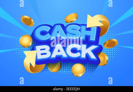 Vorlage für Cash-Back-Sonderangebot. Werbebanner mit fallenden goldenen Münzen auf blauem Hintergrund mit Punkten. Marketing-Werbeaktion für Banken. Cashback- oder Geld-zurück-Service, Etikett für Finanzzahlungen. Vektor Stock Vektor