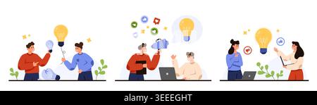 Büromitarbeiter teilen Ideen mit Glühbirnen Teamwork Brainstorming Kommunikations- und Feedback-Symbole Konzept für kreative Zusammenarbeit und Innovation isoliert auf weißem Hintergrund Vektorillustration Stock Vektor