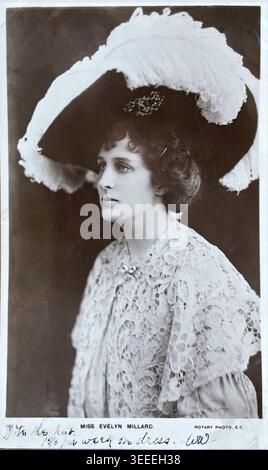 Evelyn Millard Portrait, 1869–1941, war eine englische Shakespeare-Schauspielerin, Schauspielerin und „Bühnenschönheit“ des späten 19. Und frühen 20. Jahrhunderts, die vielleicht am besten für die Rolle von Cecily Cardew in der 1895 Premiere von Oscar Wildes Stück The Important of Being Earnest, Vintage-echte Foto-Postkarte von 1905 bekannt war Stockfoto