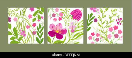 Hintergrund mit rosafarbenen, handgezeichneten Blumen. Nicht AI, Vektordarstellung. Stock Vektor