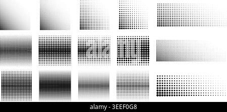 Set aus quadratischen und rechteckigen Formen mit verblasster gepunkteter Textur. Geometrische Schatten mit verlaufendem Halbtoneffekt für Manga-Comic-Seitendesign isoliert auf weißem Hintergrund. Vektorgrafik. Stock Vektor