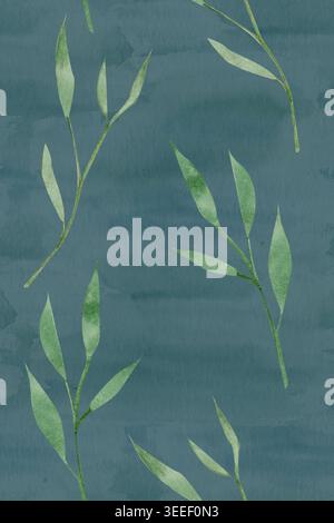 Bambuszweige nahtloses Aquarellmuster, asiatisches botanisches Ornament. Handgemalte Illustration auf grünem Hintergrund, wiederholte Textur für Spa-Design Stockfoto