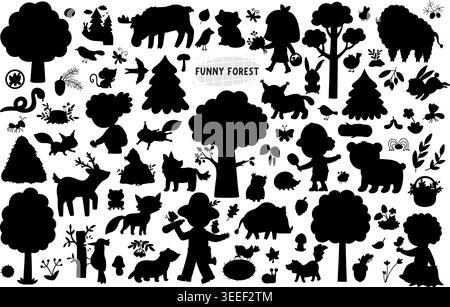 Silhouetten mit Waldtieren für Kinder. Vektor Wald Vögel, Insekten, Bäume, Pflanzen schwarze Schatten Sammlung. Niedlicher Zeichentrickbär, Fuchs, Hirsch, Elch, bea Stock Vektor