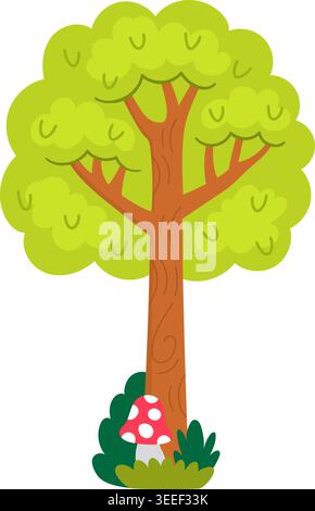 Vektor-Cartoon grünes Baumsymbol isoliert auf weißem Hintergrund. Garten, Wald, Waldpflanze mit Stamm, Blättern, rotem Pilz. Flache Quelle, Natur auf dem Bauernhof Stock Vektor