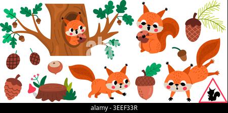 Cartoon Vektor Eichhörnchen Set. Waldtiere Kollektion für Kinder. Vektor süße Waldfiguren mit Eiche, Kegel, Eicheln, Stumpf, sitzend in holl Stock Vektor