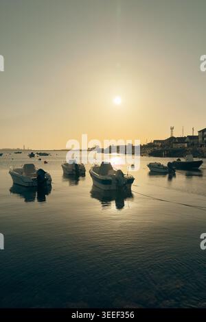 Ein ruhiger Blick auf kleine Motorboote, die während eines trüben goldenen Sonnenuntergangs im ruhigen Wasser der Ria de Aveiro vor Anker liegen. Die Sonne reflektiert die sanften Wellen, cre Stockfoto