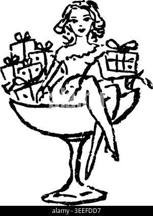 Hand gezeichnetes Mädchen mit Stapel von Geschenken Vektor-Illustration Stock Vektor