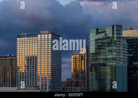 Hotels und Wohngebäude am Inner Harbor, gesehen vom Federal Hill Park am Abend, Baltimore, Maryland Stockfoto