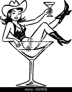 Hand gezeichnetes Cowgirl in Martini Glas mit Getränk Vektor Illustration Stock Vektor