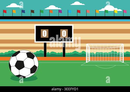 Ein Fußball auf einem grünen Feld mit Tor und Anzeigetafel Stock Vektor