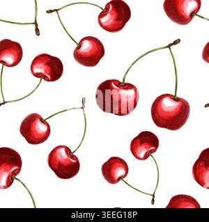 Nahtloses Muster in Kirschen-Aquarellen. Sommer Frucht Handdruck für Textil- und Papiermotive. Hintergrund der roten Beeren für Tapeten und Umhüllungen Stockfoto