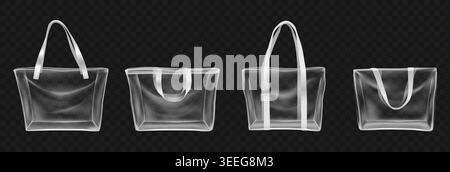 Transparente PVC-Tragetaschen, realistische 3D-Einkaufstaschen aus transparentem Kunststoff mit Griffen für Branding im Einzelhandel, Strandaccessoires, Reise-, Mode- und Werbeartikel. Vektor-isolierter Satz. Stock Vektor