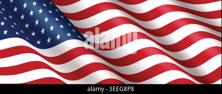 Amerikanischer Flaggenschwung Hintergrund, realistisches 3D USA patriotisches Banner mit Sternen und Streifen in Rot, weiß und Blau für Unabhängigkeitstag, Memorial Day, Wahl und Regierung Vektor Design. Stock Vektor