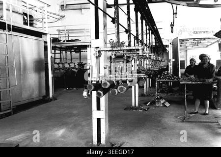 Slaviansk, 1983. In der Anker-Isolator Factory (AIZ). Ein komplexes, hängendes Fördersystem dominiert die Werkstatthalle, während zwei Arbeiterinnen mit Schürzen in der Nähe der Arbeitsstation auf der rechten Seite des Rahmens stehen. Dieses Vintage-Schwarz-weiß-Foto fängt die authentische Atmosphäre der Epoche ein und spiegelt die täglichen Aktivitäten und Industriekultur der Region während der Sowjetzeit wider. Es dient als wertvolles historisches Dokument der lokalen Gemeinde, bewahrt das visuelle Gedächtnis und zeigt einen friedlichen Donbass. Stockfoto