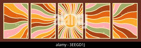 Set mit groovigen Starburst-Postern mit Textur. Stock Vektor