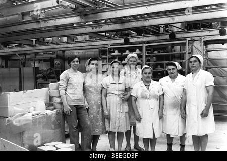 Slaviansk, 1983. In der Armature-Isolator Plant (AIZ). Eine Gruppe weiblicher Fabrikarbeiter steht zusammen für ein Gruppenporträt in der Nähe eines hängenden Förderbandsystems, das Keramikisolatoren durch die Produktionsstätte transportiert. Dieses Vintage-Schwarz-weiß-Foto fängt die authentische Atmosphäre der Epoche ein und spiegelt die täglichen Aktivitäten und Industriekultur der Region während der Sowjetzeit wider. Es dient als wertvolles historisches Dokument der lokalen Gemeinde, bewahrt das visuelle Gedächtnis und zeigt einen friedlichen Donbass. Stockfoto