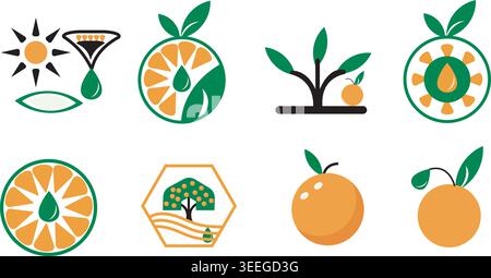 Orangefarbene Farmsymbole mit Öko-Saft-Elementen Stock Vektor