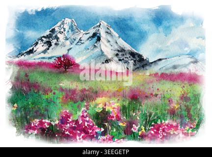Aquarellmalerei von alpinen Bergen mit blühenden Frühlingsblumen in Tirol, Österreich. Bekannt als Alpenrose oder Almrausch. Typische Alpenflora Tirols Stockfoto