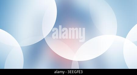 Eine abstrakte Komposition aus überlappenden weißen Kreisen mit einem dezenten warmen Licht vor einem weichen blau-weißen Farbverlauf. Stockfoto