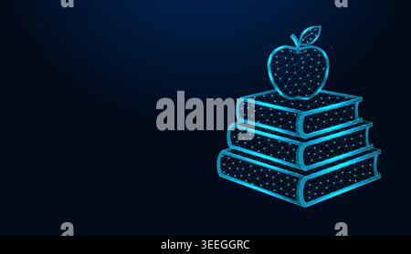 Apfel mit niedrigem Poly-Drahtmodell auf einem Stapel Bücher auf dunkelblauem Hintergrund. Stock Vektor