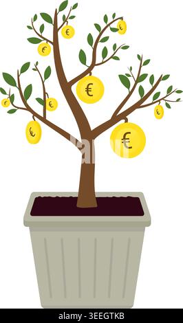 Geldbaum-Vektor-Illustration mit goldenen Euro-Münzen Stock Vektor