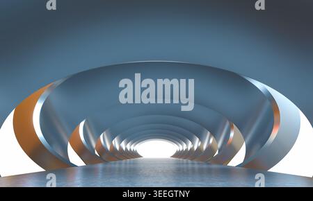 Futuristischer, abstrakter Tunnel mit 3D-Bogen aus Metall Stockfoto
