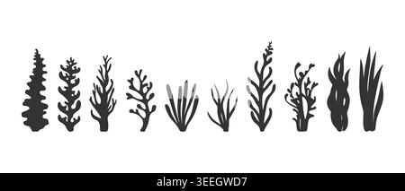 Korallensilhouetten und schwarze Algen-Symbole. Abstrakte organische Korallenform, Unterwasserpflanze, Meereskritzelei. Flaches marines florales isoliertes Set. Vektorillus Stock Vektor