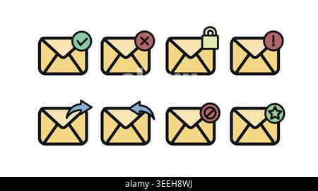 E-Mail- und Kommunikationssymbole: 8 Vektorumschläge mit Sicherheits-, Status- und Aktionssymbolen, weichen Farben, flacher Füllung und schwarzer Strichdarstellung. Stock Vektor