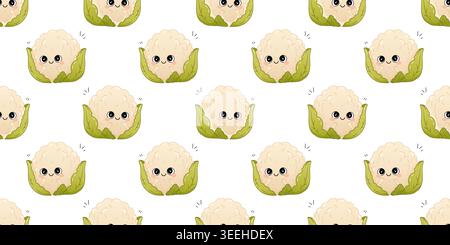Niedliches nahtloses Muster Kawaii Blumenkohl mit lustigen gesunden Lebensmitteln Cartoon Charakteren. Stock Vektor