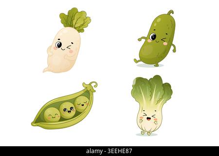 Süße Kawaii-Gemüsefiguren mit Rettich-Gurkenerbsen und Bok Choy im lustigen Cartoon-Stil für gesundes Essen. Stock Vektor