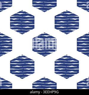 Abstrakter marineblauer gestreifter sechseckiger nahtloser Vektormusterhintergrund. Reguläre geometrische Wellenformen auf weißem Hintergrund. Moderne Bio-Produkte Stock Vektor