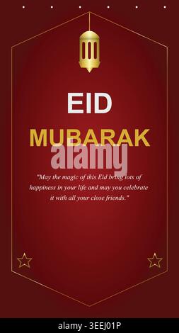 Feiern Sie mit Freude! ✨ dieser elegante „Eid Mubarak“-Gruß zeigt eine goldene Laterne und herzliche Wünsche auf einem tiefroten, festlichen Hintergrund. 🌙 Stock Vektor