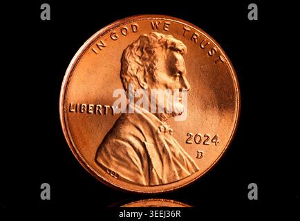 2024 United States of America Lincoln Penny/One Cent mit einem Porträt von Abraham Lincoln auf der Vorderseite Stockfoto