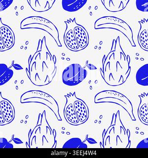 Blaue Umrisse tropischer Früchte auf hellem Hintergrund. Drachenfrucht, Banane und Granatapfel im handgezeichneten Stil. Einfaches Doodle-Design, verspielt und V Stock Vektor