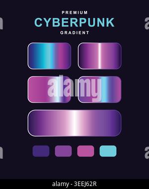 Lebendige Cyberpunk-Verlaufskollektion für Grafikdesigner. Enthält Farbfelder in Neonviolett, Cyan und Magenta auf schwarzem Hintergrund. Ideal für Futuris Stock Vektor
