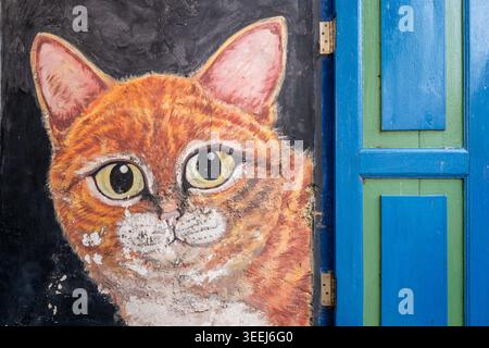 Straßenkunstbild mit einem Porträt einer orangen Tabbykatze neben einem leuchtend blauen architektonischen Merkmal George Town, Penang, Malaysia Stockfoto
