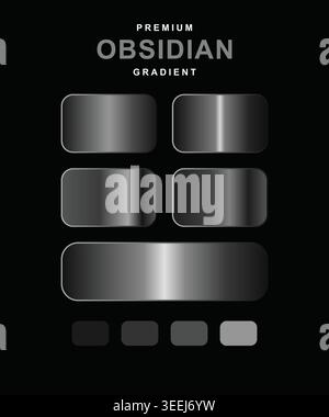 Dieses Bild zeigt eine Sammlung hochwertiger Obsidian Gradient UI-Elemente. Es enthält dunkelgraue und schwarz glänzende Tasten und Leisten für die mobile App Stock Vektor
