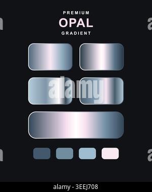 Dieses hochwertige Opal Gradient-Symbol-Set verfügt über metallische Knöpfe, Etiketten und Balken in verschiedenen Blau- und Rosa-Tönen. Das Set enthält verschiedene Designs Stock Vektor