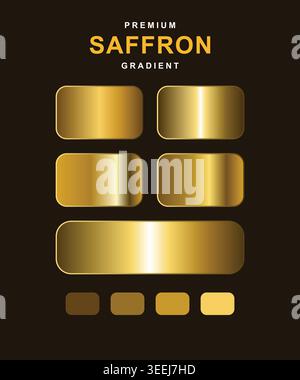 Safrangold-Farbmuster für luxuriöse Branding-Projekte. Das Set enthält verschiedene metallische Oberflächenstrukturen mit realistischen Lichtreflexionen. Ideal für Stock Vektor