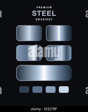Professionelle Sammlung von Verläufen aus Stahl und Silber-Metallic. Mit verschiedenen Chrom- und Eisenstrukturen auf dunklem Hintergrund. Ideal für moderne UI de Stock Vektor