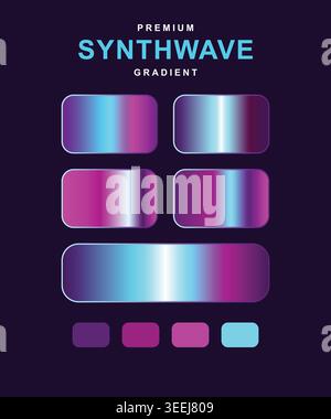 Dieses hochwertige Synthwave-Gradienten-Set enthält leuchtende Neonfelder in Lila, Magenta und Cyan. Ideal für UI-Design, digitale Kunst und Retro-Themen br Stock Vektor