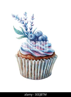 Blaubeere Cupcake Lavendel Aquarell handgemalt süßes Dessert Muffin Beerenkuchen weißer Hintergrund Stockfoto