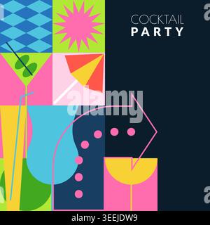 Poster für Cocktailpartys mit abstrakten geometrischen Formen. Vektor-Neon-Illustration von Getränken, Pfeilschild und Zeiger in modernem flachen Stil. Minimalistische Bar Stock Vektor