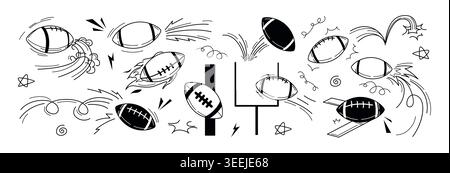 Vektor-Doodle Rugby-Sportball-Flugbahn-Bounce mit Bewegungslinieneffekten. Handgezeichnetes american Football-Spiel umreißt Ikonen mit fliegenden, hüpfenden und drehenden Bewegungen. Skizzenzeichnung Spielausrüstung Stock Vektor