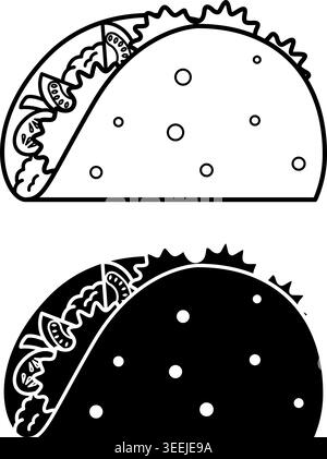 Taco-Symbole. Schwarzweiß-Vektor-Illustrationen. Maistortilla gefüllt mit Fleisch, Tomaten und Gemüse. Leckeres Essen. Fastfood-Konzept Stock Vektor