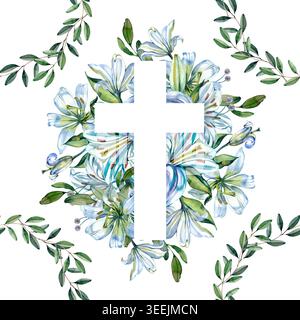 Nahtloses Aquarellmuster mit christlichen Kreuzen mit blauen Lilien und eleganten Olivenblattkränzen. Dieser handgezeichnete religiöse Hintergrund ist Stockfoto