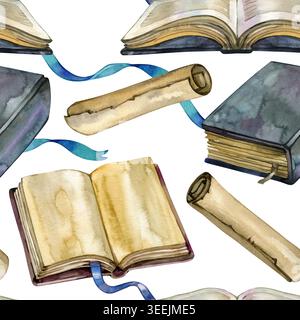 Nahtloses Aquarellmuster mit alten heiligen Büchern, offenen Schriften mit blauen Bändern und alten Papierrollen. Diese Hand zeichnete akademische und Stockfoto